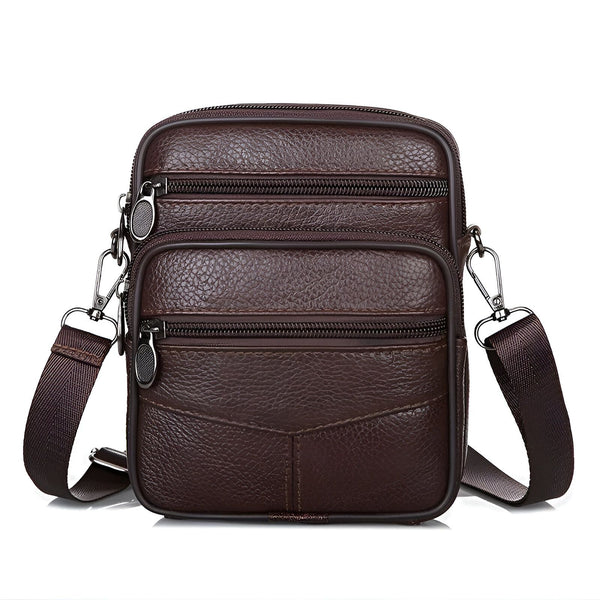 Petit sac bandoulière en cuir marron avec plusieurs poches zippées, 46194067996896,46194068029664