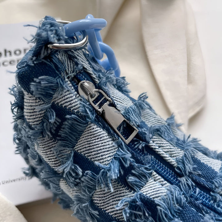 Sac denim effiloché motif carreaux, zip argenté, chaîne bleue., 46193995612384,46193995645152