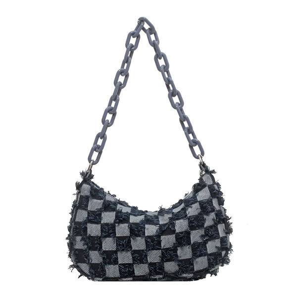 Sac porté épaule motif damier noir et blanc, bandoulière chaîne grise., 46193995612384,46193995645152
