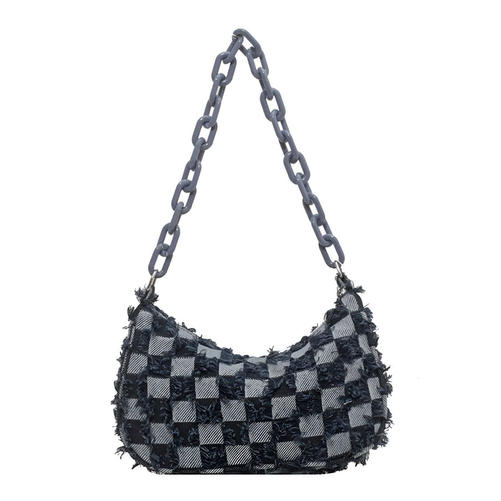 Sac porté épaule motif damier noir et blanc, bandoulière chaîne grise., 46193995612384,46193995645152