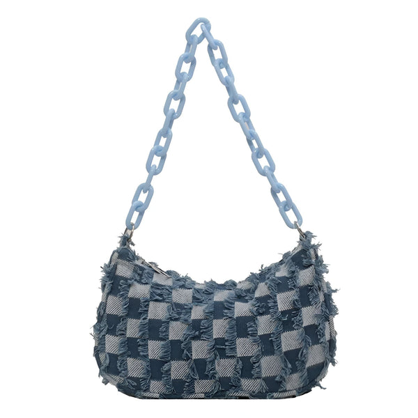 Sac à main à carreaux bleus et gris avec bordures effilochées et chaîne bleu pâle., 46193995612384,46193995645152