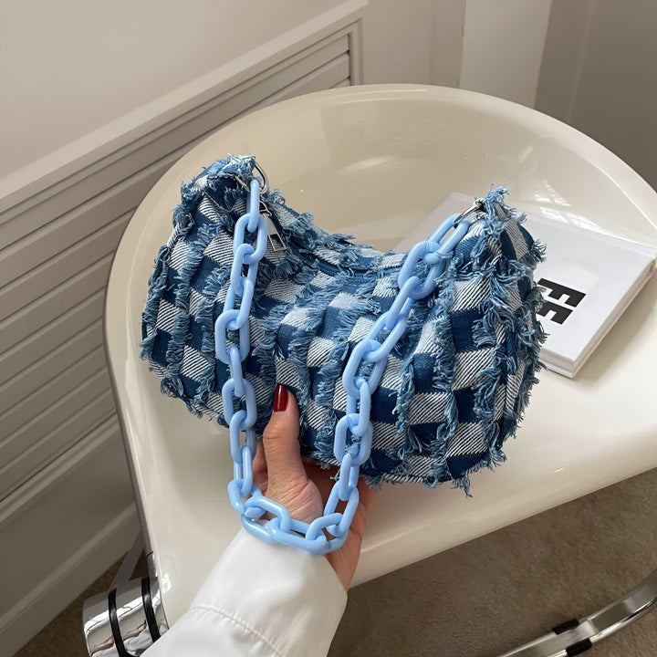 Sac denim frangé à carreaux bleus avec anse chaîne bleue., 46193995612384,46193995645152
