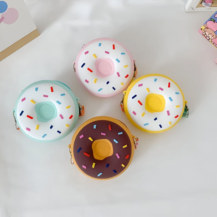 Quatre porte-monnaie en forme de donut colorés avec glaçage et vermicelles., 46193978802400,46193978835168,46193978867936,46193978900704