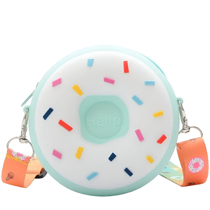 Sac bandoulière forme donut avec glaçage blanc, vermicelles colorés et inscription Hello., 46193978802400,46193978835168,46193978867936,46193978900704