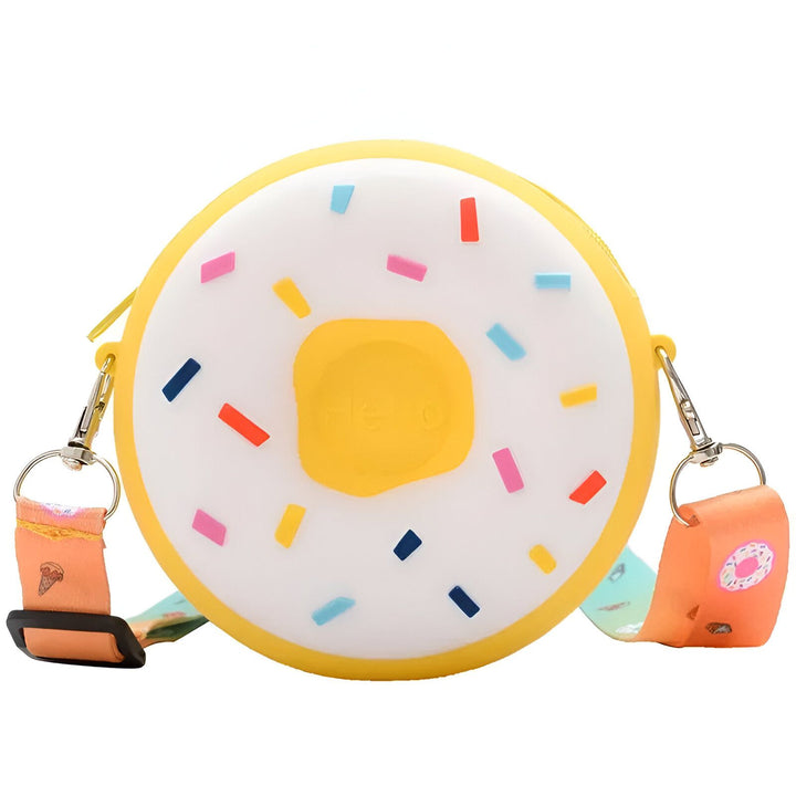 Sac rond blanc en forme de donut avec glaçage, vermicelles colorés et sangle., 46193978802400,46193978835168,46193978867936,46193978900704