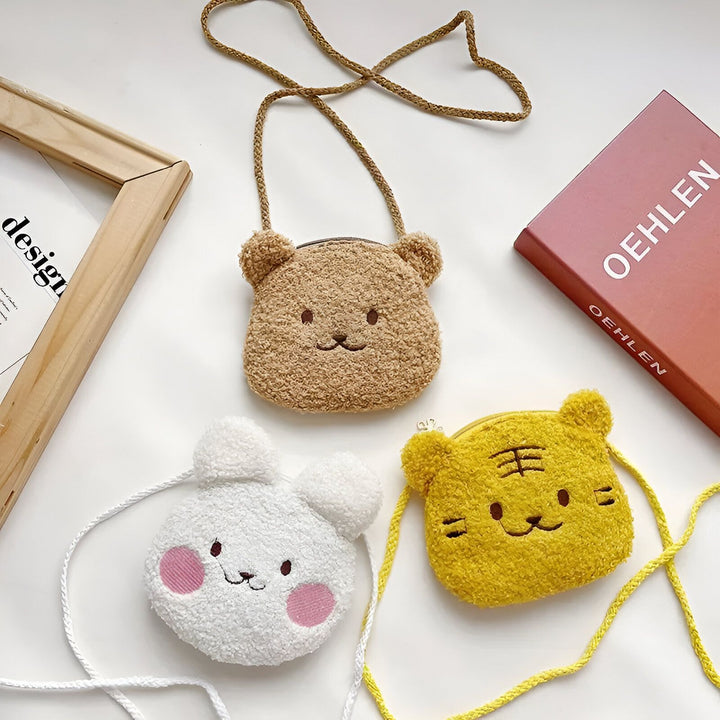 Sacs à main peluche pour enfants : ours marron, lapin blanc, tigre jaune., 46193976475872,46193976508640,46193976541408