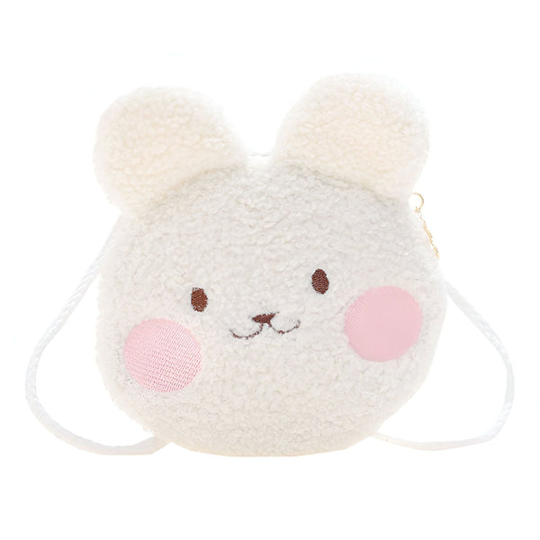 Sac bandoulière enfant blanc en peluche, forme lapin avec joues roses., 46193976475872,46193976508640,46193976541408