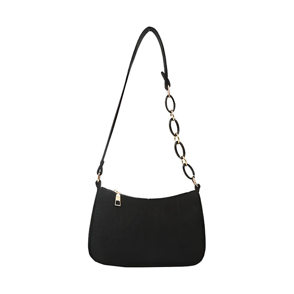 Sac à main noir style baguette avec fermeture éclair dorée et anse chaîne, 46193938596064,46193938628832,46193938661600,46193938694368
