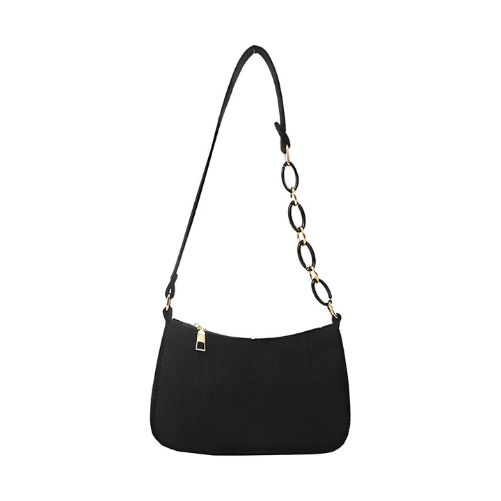 Sac à main noir style baguette avec fermeture éclair dorée et anse chaîne, 46193938596064,46193938628832,46193938661600,46193938694368