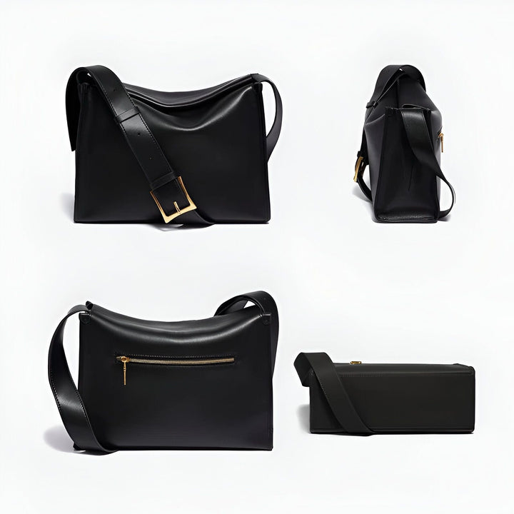 Sac à bandoulière en cuir noir avec boucle et zip dorés, 46193866965216