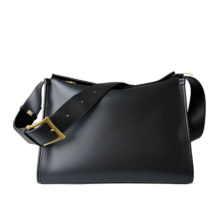 Sac à bandoulière noir en cuir avec boucle dorée, 46193866965216