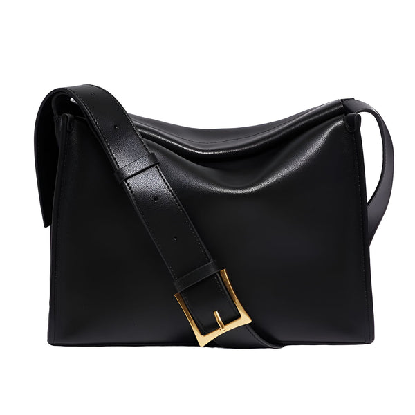 Sac à main en cuir noir avec bandoulière et boucle dorée, 46193866965216