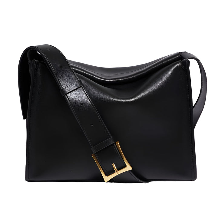 Sac à main en cuir noir avec bandoulière et boucle dorée, 46193866965216