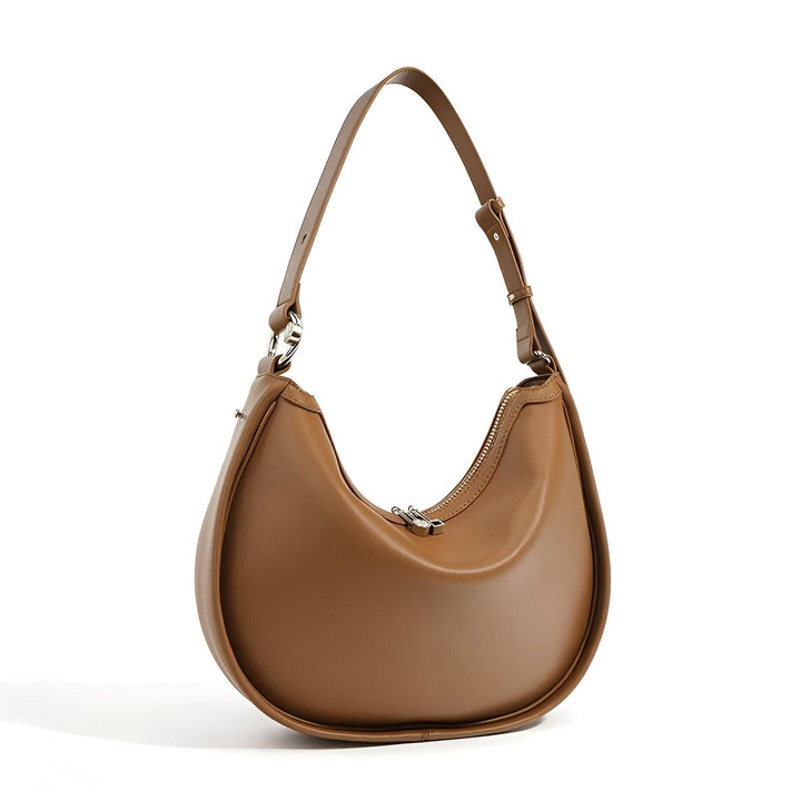 Sac bandoulière en cuir marron, forme croissant, sangle ajustable et zip., 46193853104352