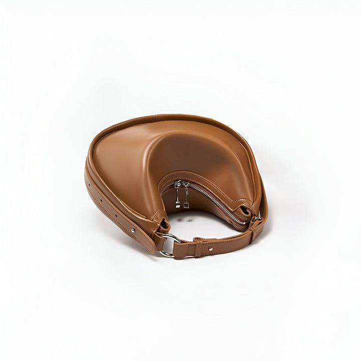 Sac épaule en cuir marron, forme hobo, avec fermeture éclair et bandoulière ajustable., 46193853104352