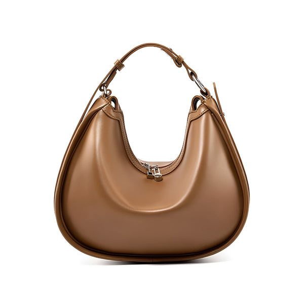 Sac à main en cuir marron forme croissant avec fermeture éclair et cadenas, 46193853104352