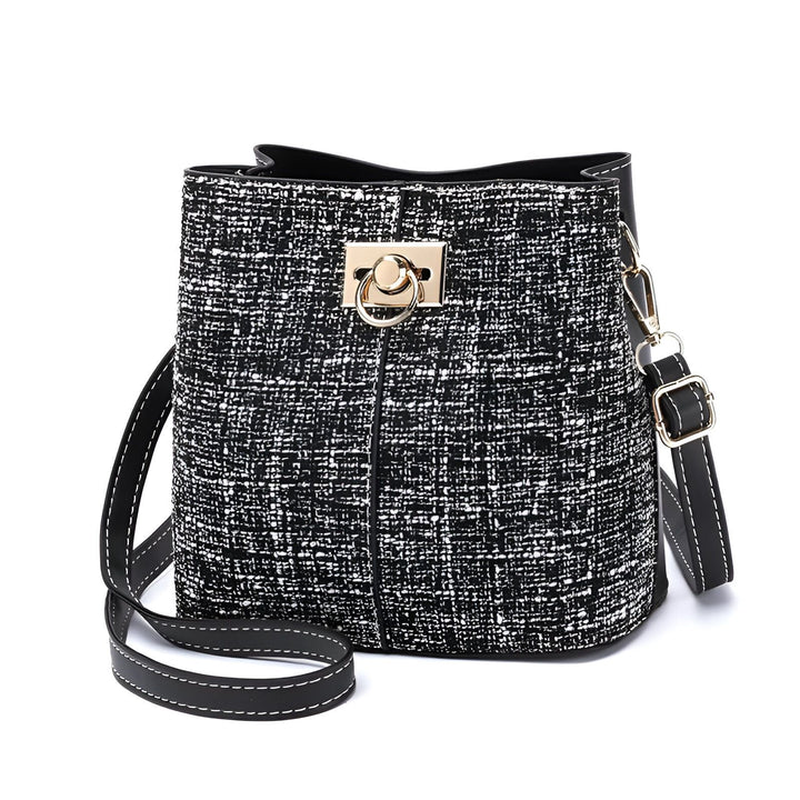 Sac bandoulière noir et blanc effet tweed avec boucle dorée., 46193874469088,46193874501856,46193874534624,46193874567392