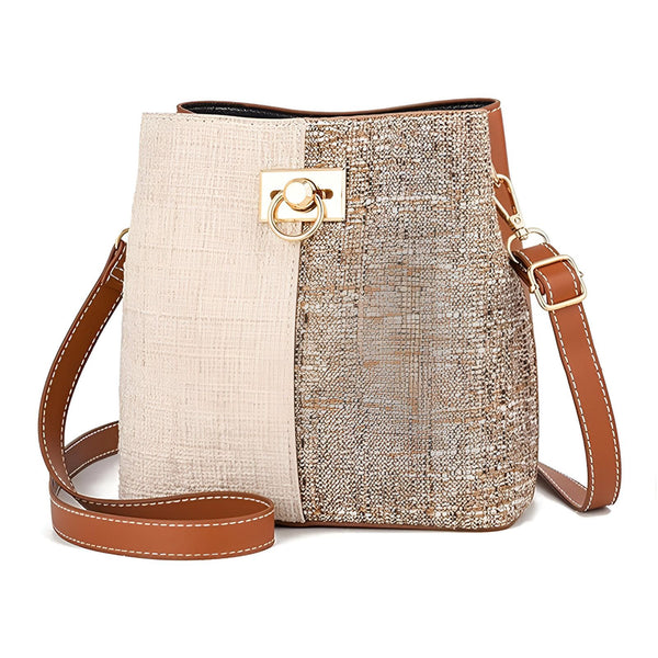 Sac à main bicolore beige et doré avec bandoulière marron et fermoir doré., 46193874469088,46193874501856,46193874534624,46193874567392