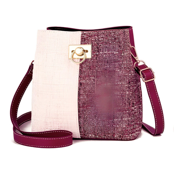 Sac à main bicolore rose et bordeaux avec texture tweed, fermoir doré et bandoulière ajustable., 46193874469088,46193874501856,46193874534624,46193874567392