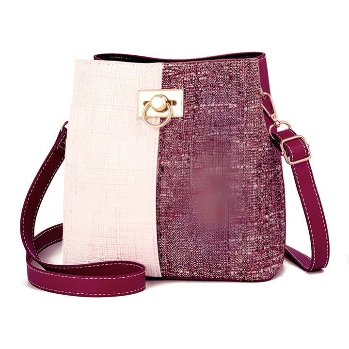 Sac à main bicolore rose et bordeaux avec texture tweed, fermoir doré et bandoulière ajustable., 46193874469088,46193874501856,46193874534624,46193874567392
