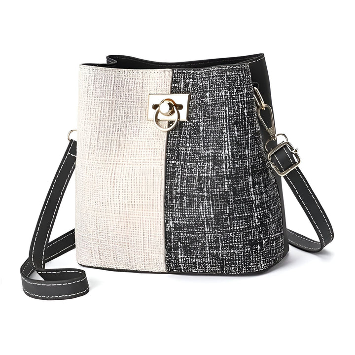 Sac seau bicolore blanc texturé et noir motif tweed avec bandoulière et fermeture dorée., 46193874469088,46193874501856,46193874534624,46193874567392