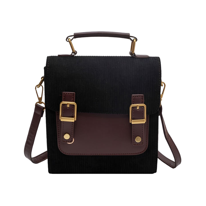 Sac à main noir en velours côtelé et rabat marron, boucles dorées, anse et bandoulière., 46193903239392,46193903304928,46193903337696,46193903370464