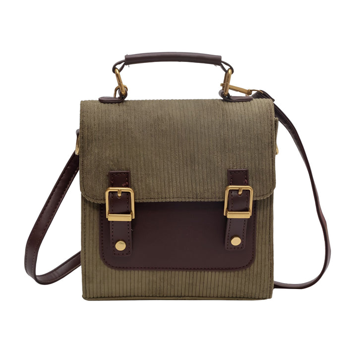 Sac bandoulière vert en velours côtelé avec rabat et lanières marron à boucles dorées., 46193903239392,46193903304928,46193903337696,46193903370464