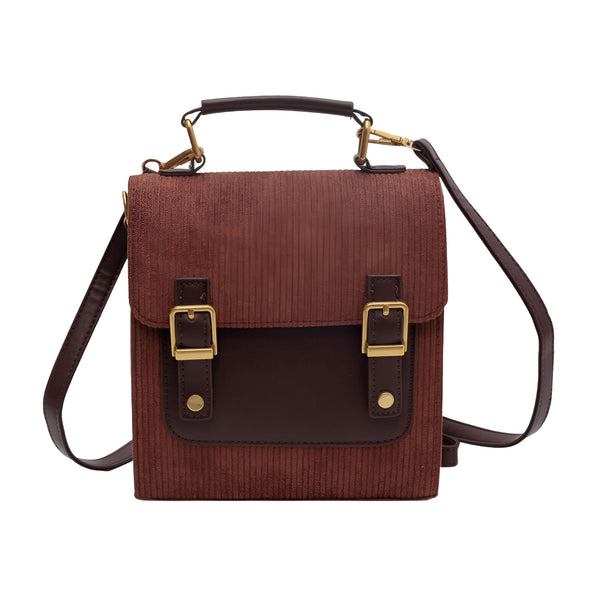 Sac bandoulière marron velours côtelé, rabat foncé, poignée et boucles, 46193903239392,46193903304928,46193903337696,46193903370464