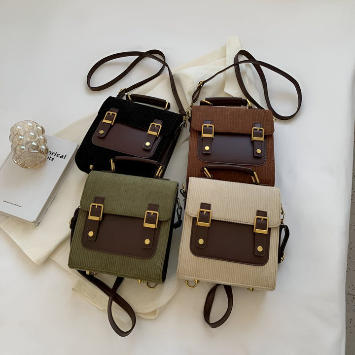 Quatre sacoches en velours côtelé noir, marron, vert et beige avec détails en similicuir et boucles dorées., 46193903239392,46193903304928,46193903337696,46193903370464