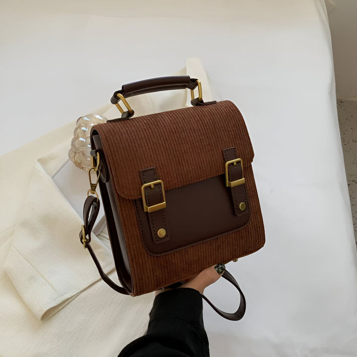 Sac à main marron style cartable en velours côtelé avec boucles dorées, 46193903239392,46193903304928,46193903337696,46193903370464