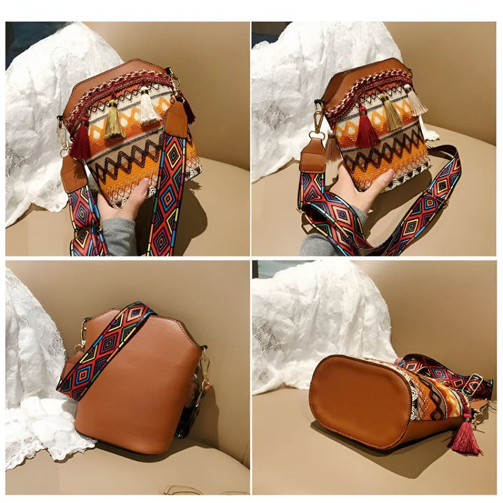 Sac à bandoulière marron avec motif ethnique brodé, pompons et bandoulière colorée., 46193925193952,46193925226720,46193925259488,46193925292256