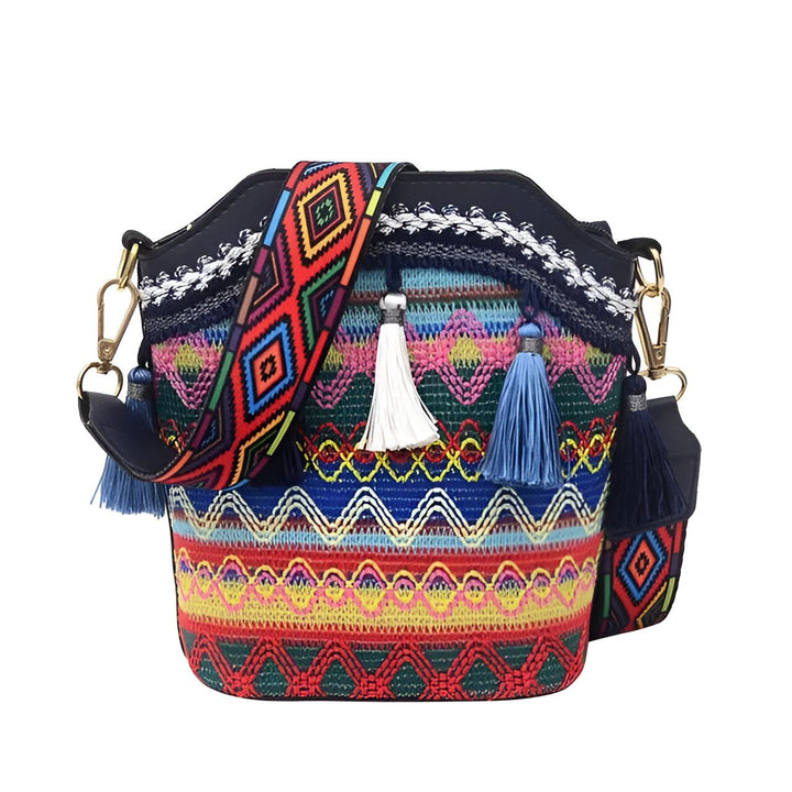 Sac multicolore avec motifs ethniques, bandoulière tissée et pompons décoratifs., 46193925193952,46193925226720,46193925259488,46193925292256