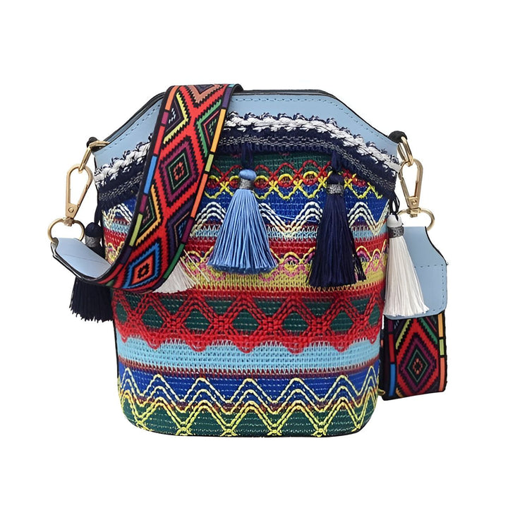 Sac brodé multicolore avec motifs ethniques, pompons et large sangle à motifs géométriques., 46193925193952,46193925226720,46193925259488,46193925292256