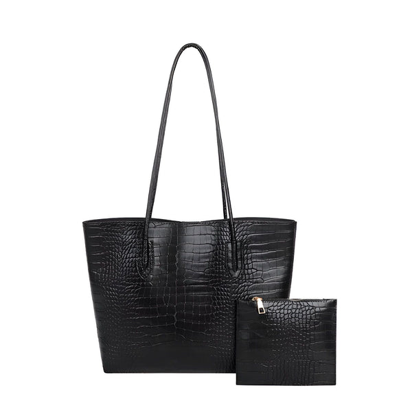 Sac fourre-tout noir texturé crocodile avec petite pochette assortie, 46194048631008,46194048663776