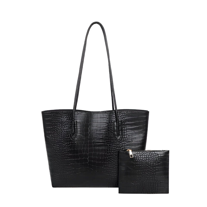 Sac fourre-tout noir texturé crocodile avec petite pochette assortie, 46194048631008,46194048663776