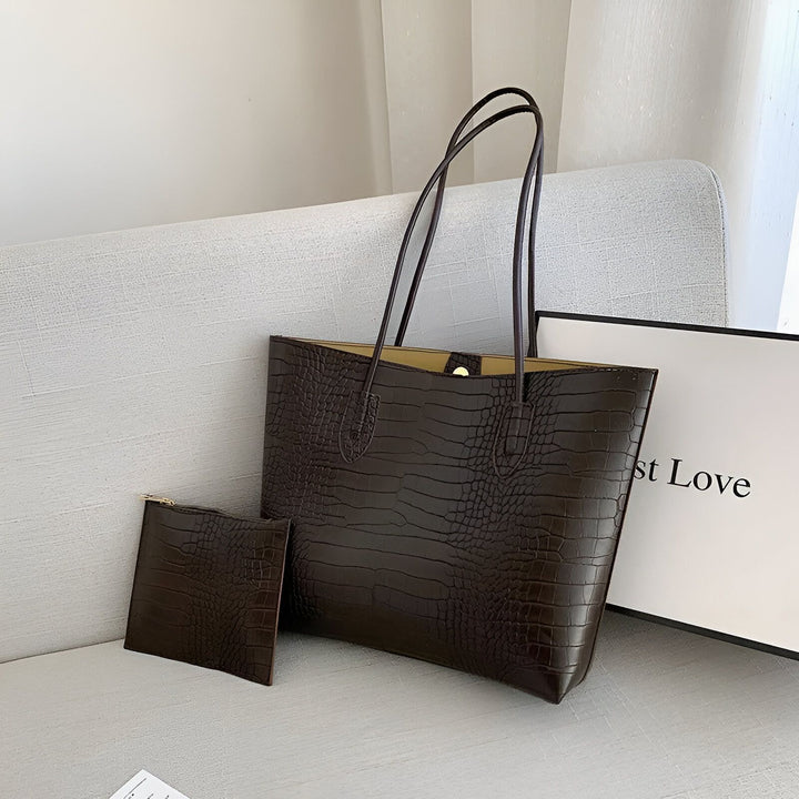 Grand sac cabas marron effet croco avec pochette assortie., 46194048631008,46194048663776