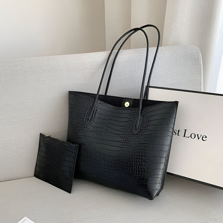 Sac tote noir texture crocodile et sa petite pochette assortie, 46194048631008,46194048663776