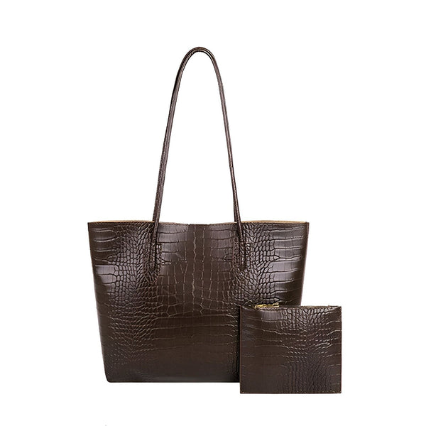 Sac fourre-tout marron foncé texturé crocodile avec petite pochette assortie, 46194048631008,46194048663776