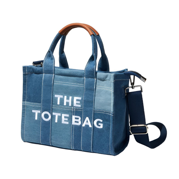 Sac The Tote Bag en denim bleu patchwork, ances cuir, bandoulière, 46193991057632
