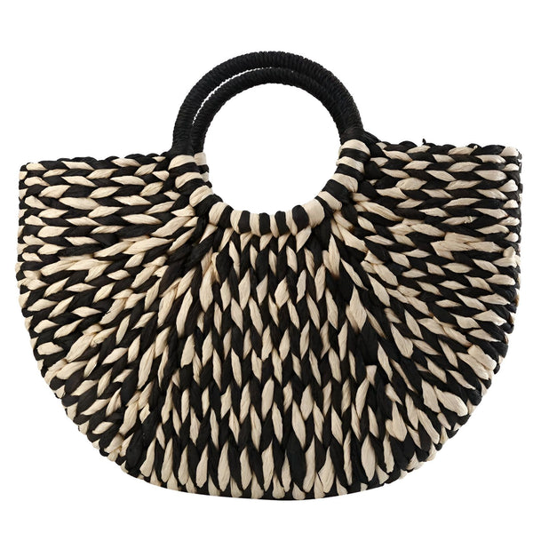 Sac cabas en paille tressée noir et blanc avec anses rondes, 46194029494496,46194029527264,46194029560032,46194029592800