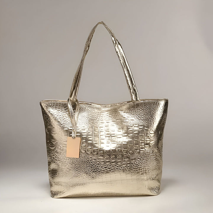 Sac cabas doré imitation crocodile avec étiquette., 46194033852640