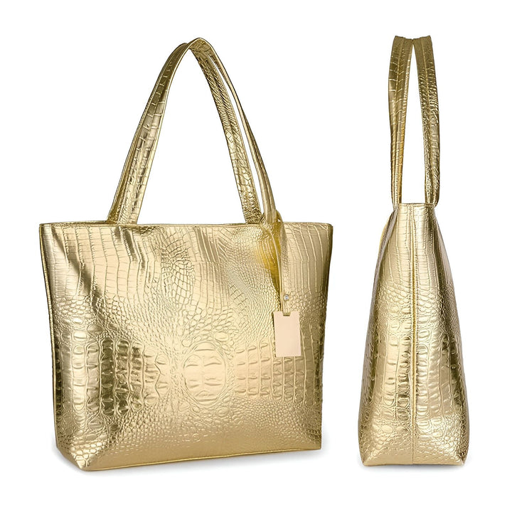Sac fourre-tout doré imprimé crocodile, vues frontale et latérale., 46194033852640