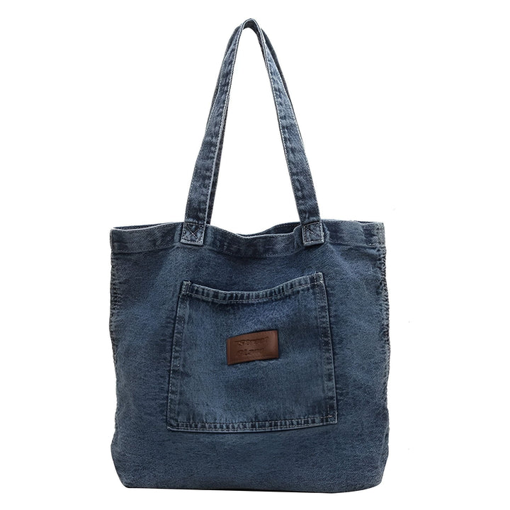 Sac fourre-tout en jean bleu avec poche avant et patch en cuir, 46193991942368,46193991975136