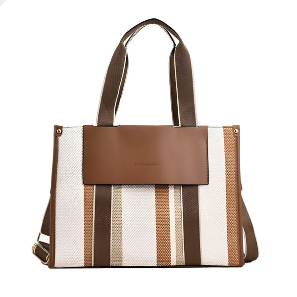 Sac cabas Zelindaier en toile rayée blanc, marron, beige, or avec rabat cuir., 46193896030432,46193896063200,46193896095968,46193896128736