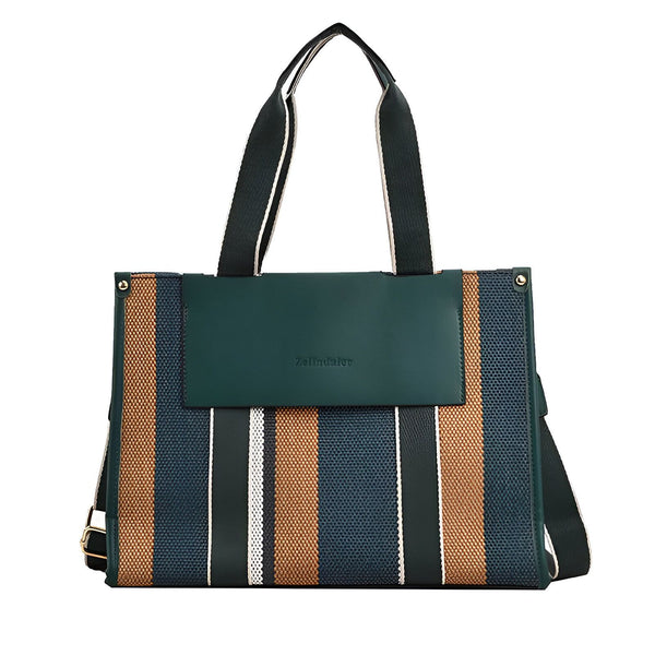 Sac cabas rayé multicolore avec rabat vert foncé et anses, 46193896030432,46193896063200,46193896095968,46193896128736