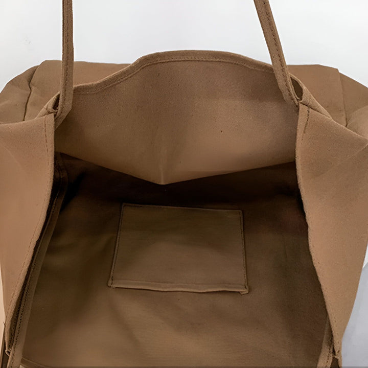 Intérieur d'un sac cabas marron en feutre avec une poche., 46193893048544,46193893081312