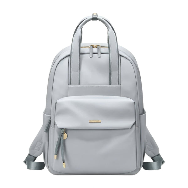 Sac à dos gris clair avec poche avant, fermetures éclair dorées et bretelles réglables., 46193875878112,46193875910880,46193875943648,46193875976416