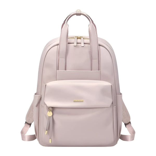 Sac à dos rose clair avec poche frontale et détails dorés., 46193875878112,46193875910880,46193875943648,46193875976416