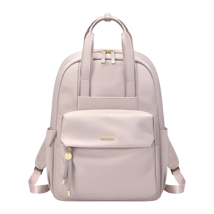 Sac à dos rose clair avec poche frontale et détails dorés., 46193875878112,46193875910880,46193875943648,46193875976416