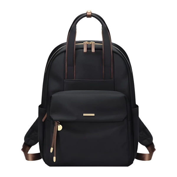 Sac à dos noir avec détails marron et dorés, poche avant et poches latérales., 46193875878112,46193875910880,46193875943648,46193875976416